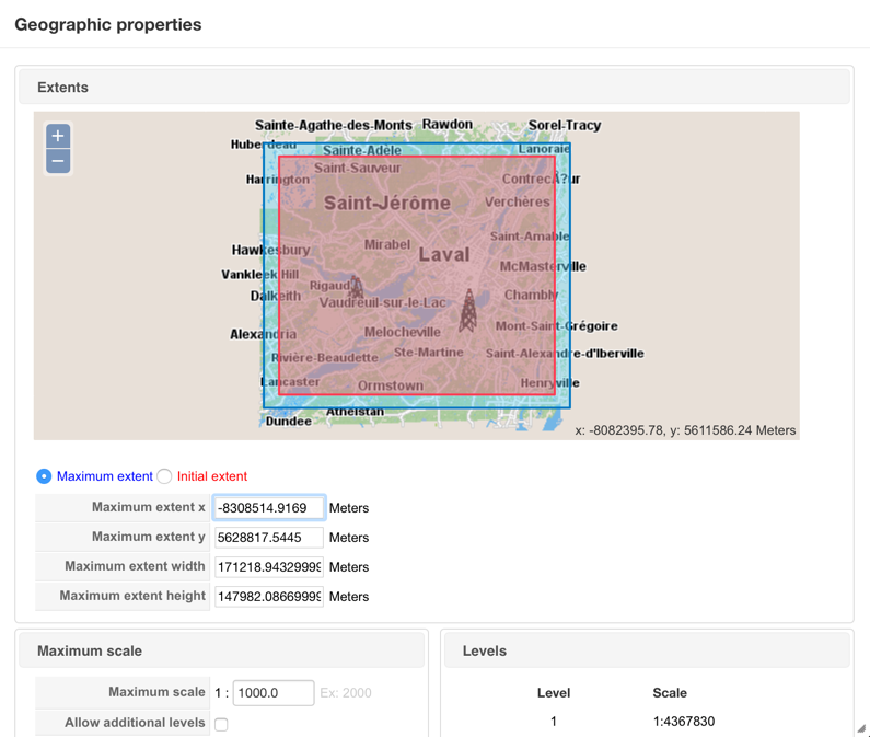 The geographic property window displays the data of the project and is used to define the maximum and initial extents used by the application.