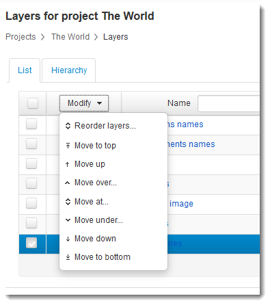 The Modify menu offers many options to modify the order of the layers.