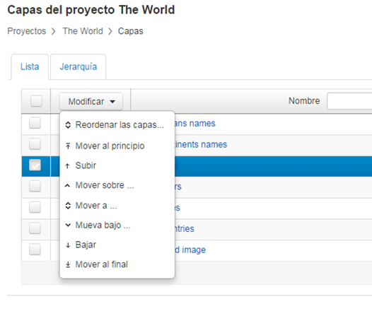 El menú Modificar ofrece varias opciones para modificar el orden de las capas.