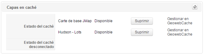 Interfaz de gestión de la puesta en caché de las aplicaciones JMap Web y JMap Mobile