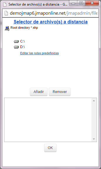 Navegador de archivos remotos de JMap Admin con rutas definidas por el usuario