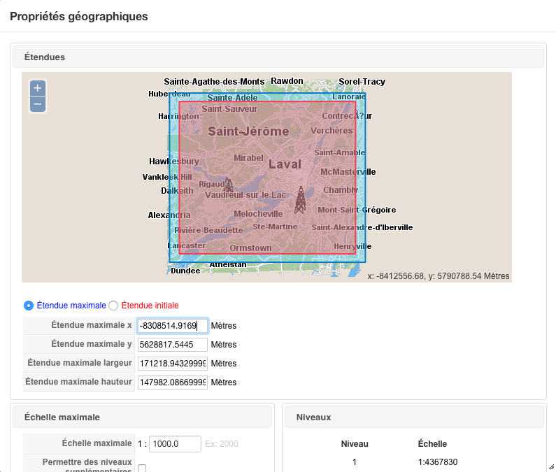 La fenêtre de propriétés géographiques permet de visualiser les données du projet et de définir les étendues maximales et initiales utilisées par l'application.