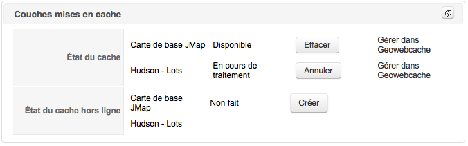 Interface des gestion de la mise en cache des applications JMap web et mobile