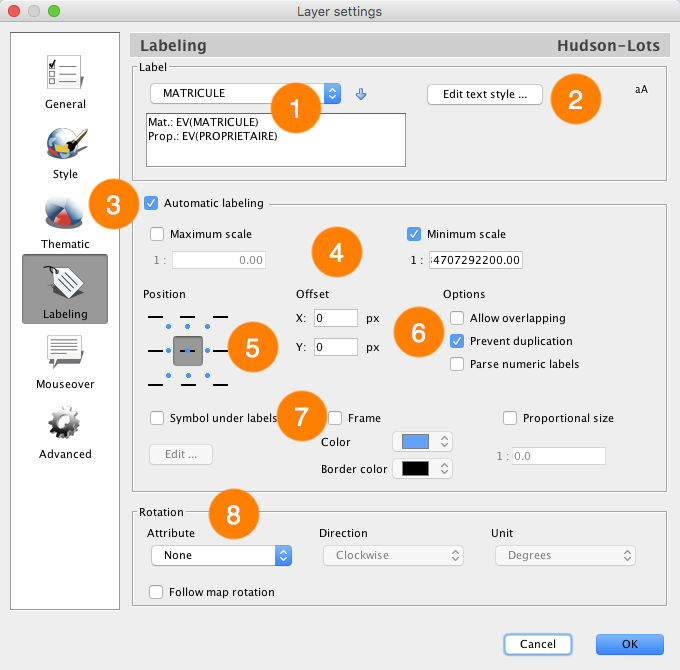 Interface for managing a layer's labels