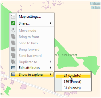 Display the information of an element in the explorer, from the pop-up menu on the map