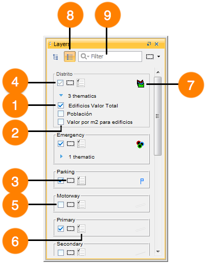 Layer management window in list display