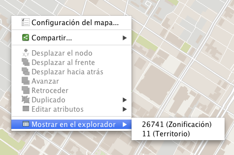 Mostrar la información sobre un elemento en el explorador, a partir del menú contextual del mapa