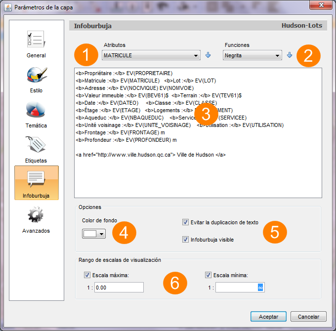 Interfaz de configuración de las infoburbujas
