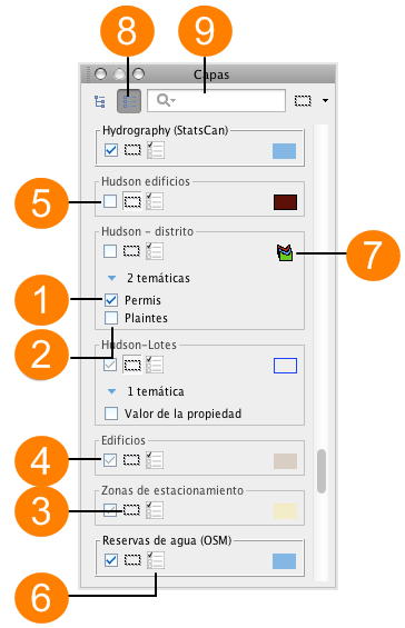 Administrador de capas en modo Lista.