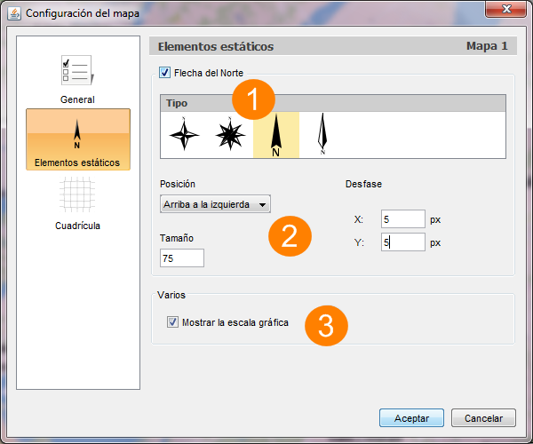 Interfaz de configuración de los parámetros de los elementos estáticos del mapa