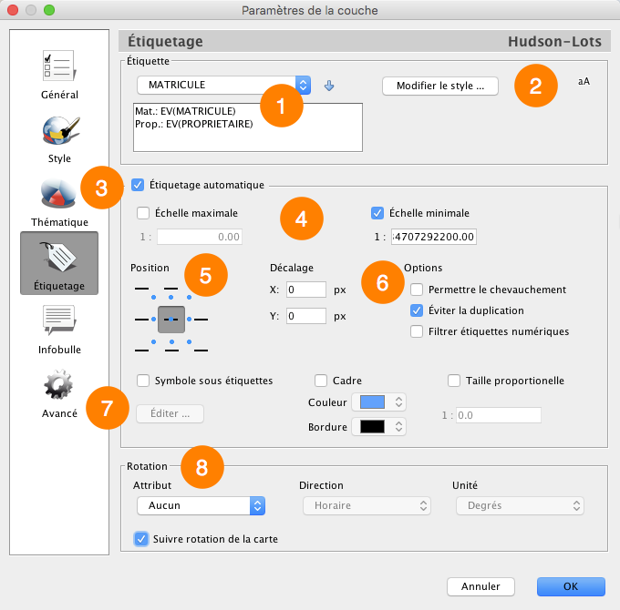 Interface de gestion des étiquettes d'une couche