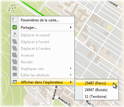 Afficher les informations d'un élément dans l'explorateur, à partir du menu contextuel sur la carte.