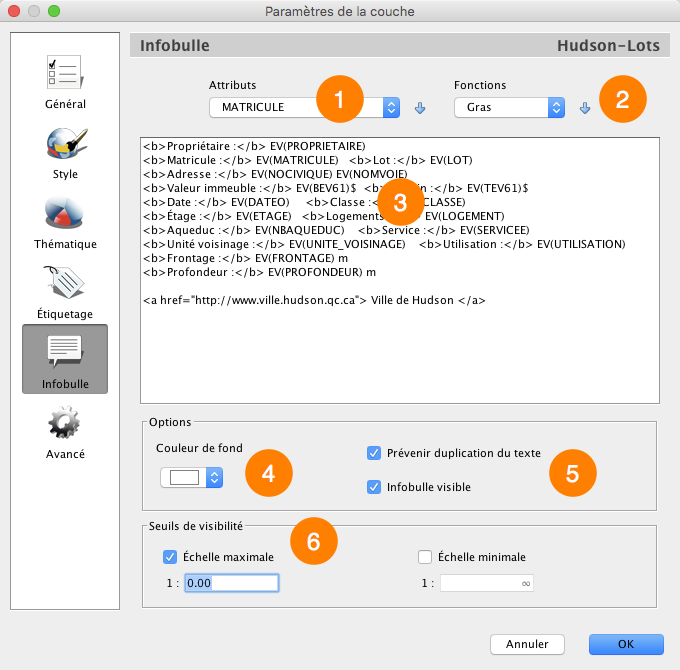 Interface de configuration des infobulles