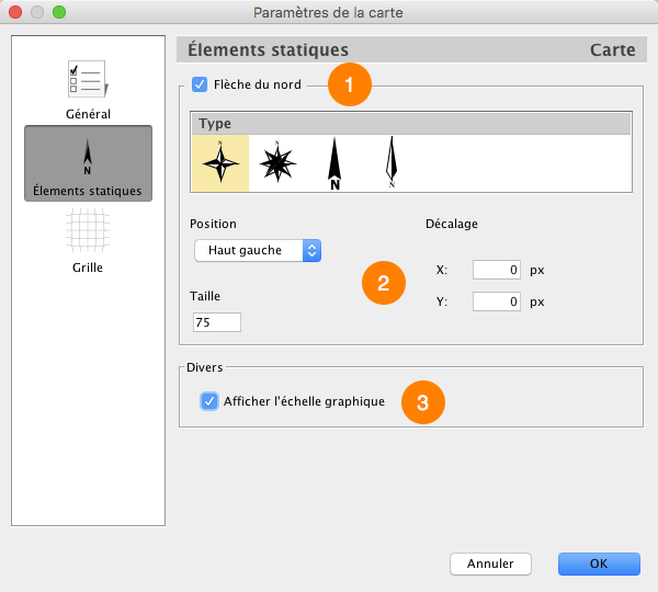 Interface de gestion des paramètres des éléments statiques de la carte