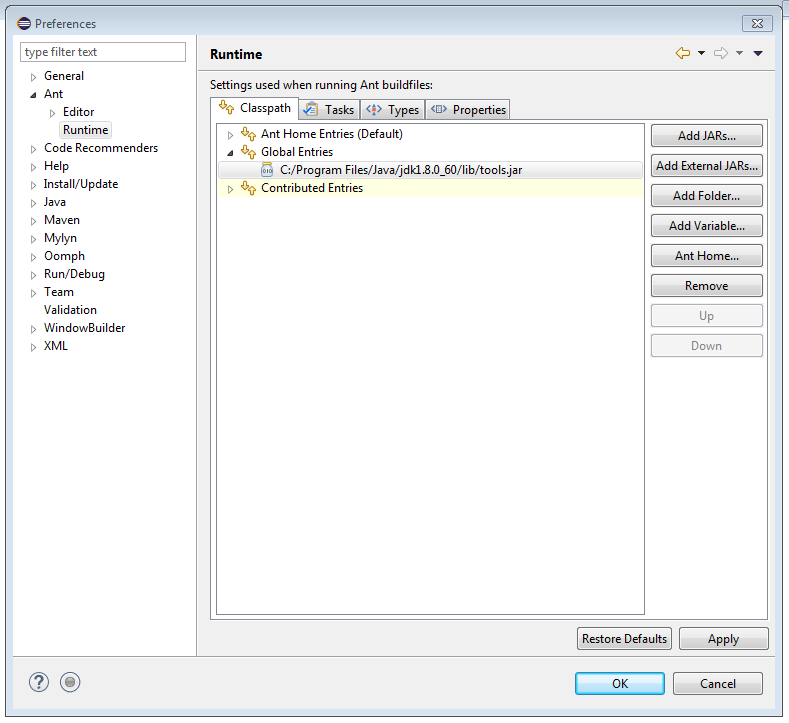 Le Ant Runtime Configuration d'Eclipse. Ajoutez le $JDK_HOME$/lib/tools.jar à la section Global Entries du class path.