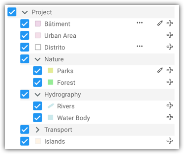 A dynamic layer for the entire project shows the layer structure as it is defined in the project. It offers a high level of interactivity with all of the layers.