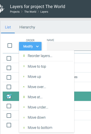 The MODIFY menu offers several options to modify the order of the layers.