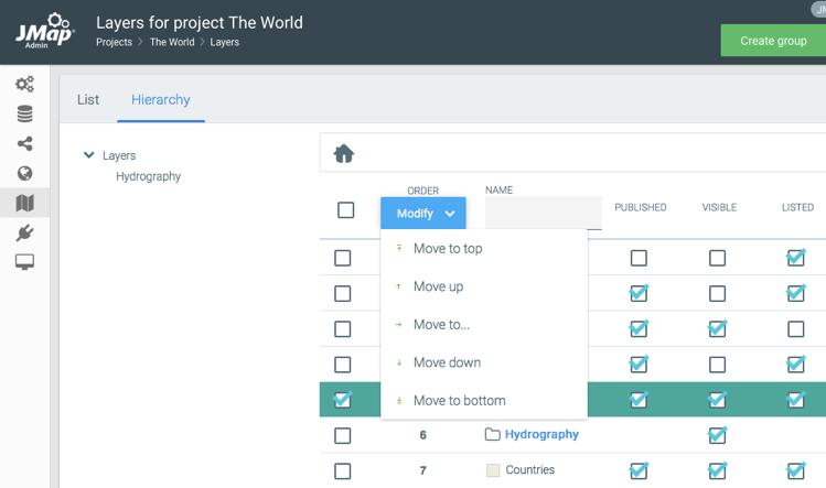 The MODIFY menu offers several options to move a layer within a group or towards another group of layers. 