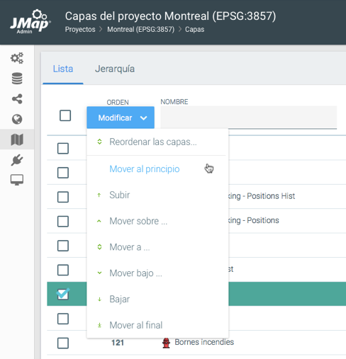 El menú Modificar ofrece varias opciones para modificar el orden de las capas.