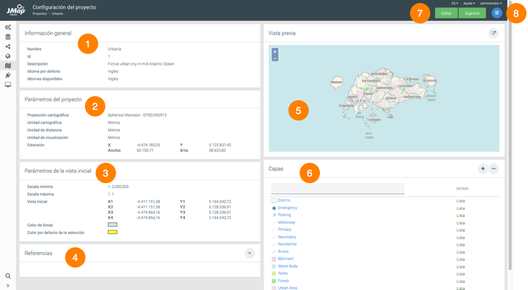 Interfaz de configuración de un proyecto