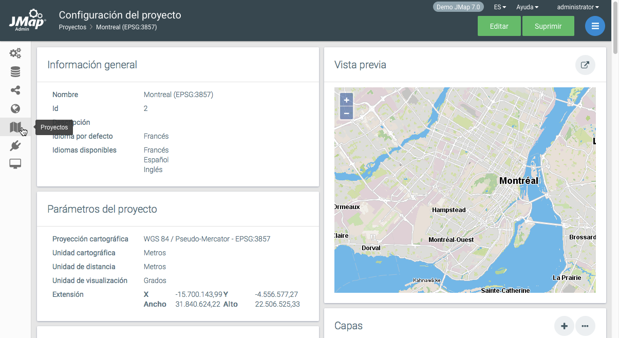 Interfaz de configuración de un proyecto JMap