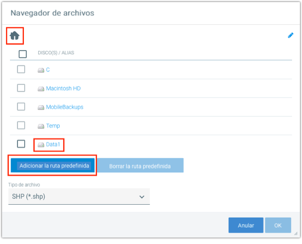 Navegador de archivos remotos de JMap Admin con rutas definidas por el usuario