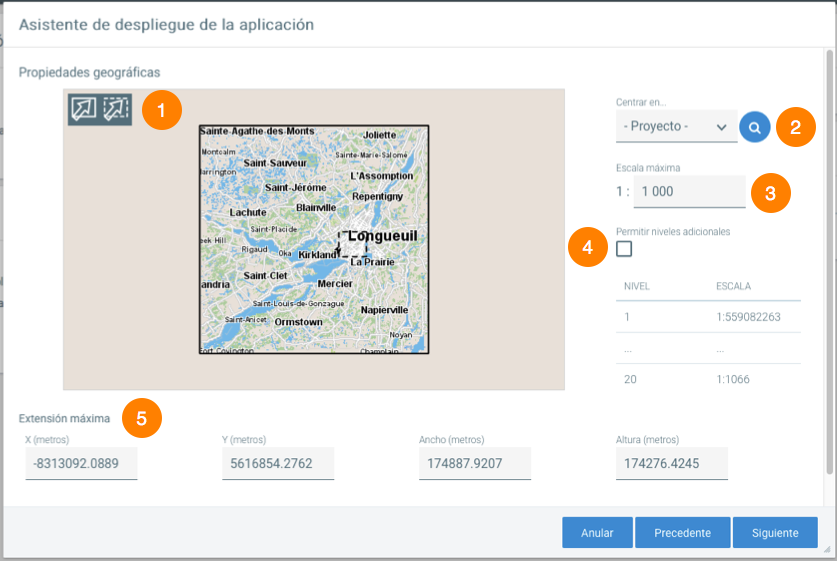 Interfaz de configuración de las propiedades geográficas de la aplicación.