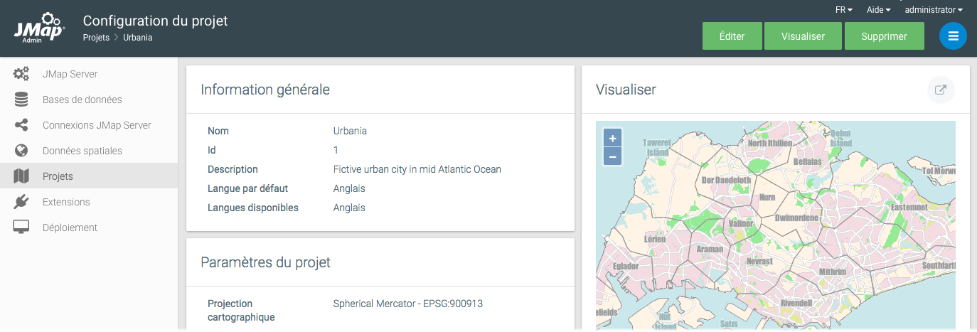 Interface de configuration d'un projet JMap