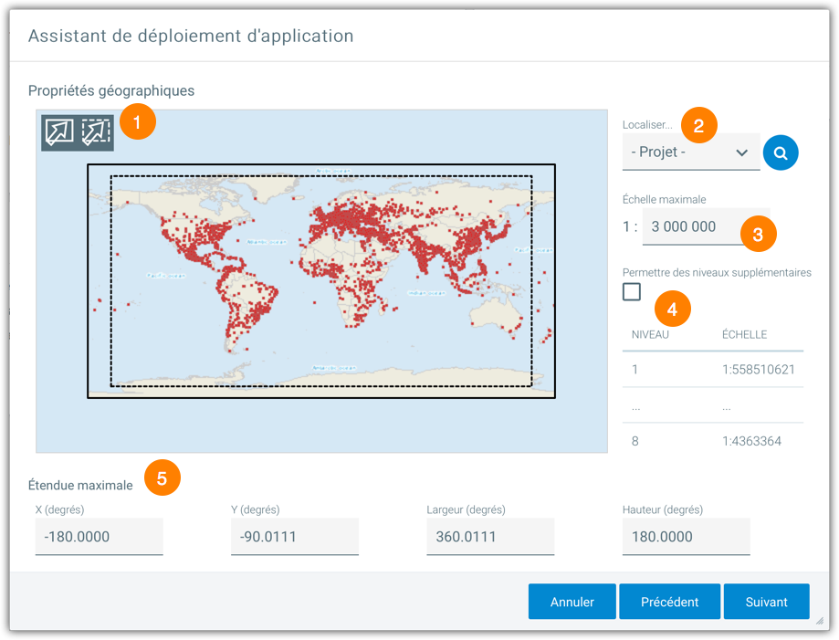 Interface de configuration des propriétés géographiques de l'application.