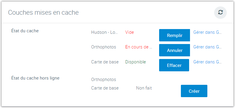 Interface des gestion de la mise en cache des applications JMap web et mobile