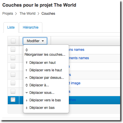 Le menu Modifier offre plusieurs options pour modifier l'ordre des couches.