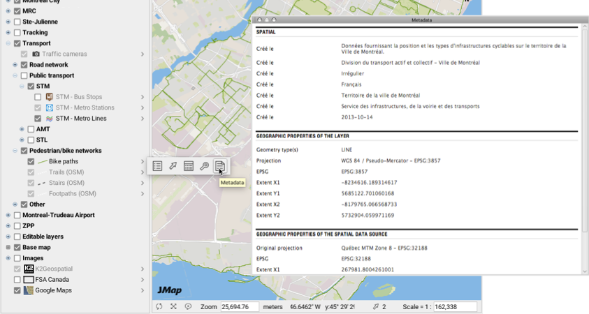 Display of the complete metadata of a layer