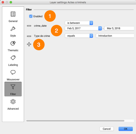 Filter parameters interface