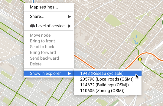 Display the information of an element in the explorer, from the pop-up menu on the map