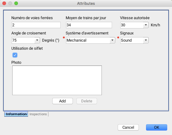 Example of a form for entering attribute values