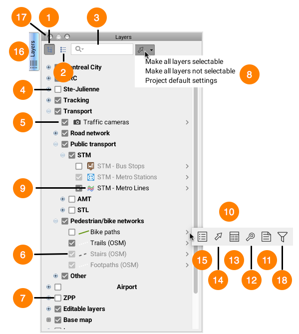 Layer manager window in hierarchy display