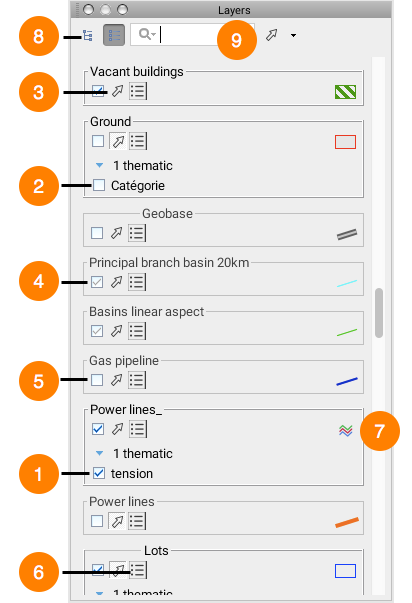 Layer management window in list display