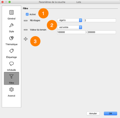 Interface de configuration d'un filtre