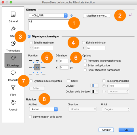 Interface de gestion des étiquettes d'une couche