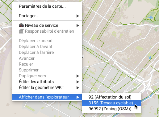 Afficher les informations d'un élément dans l'explorateur, à partir du menu contextuel sur la carte.