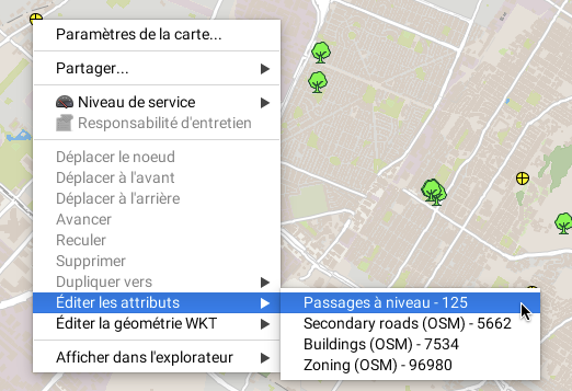 Menu contextuel pour afficher le formulaire de saisie des attributs