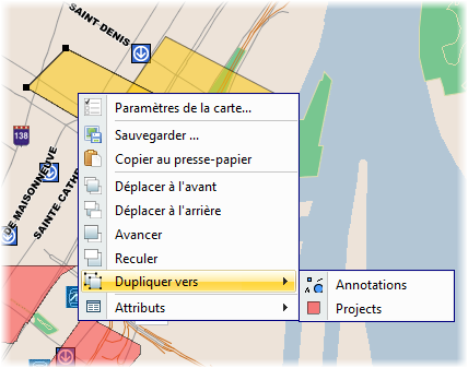 Fonctions d'édition du menu contextuel de la carte