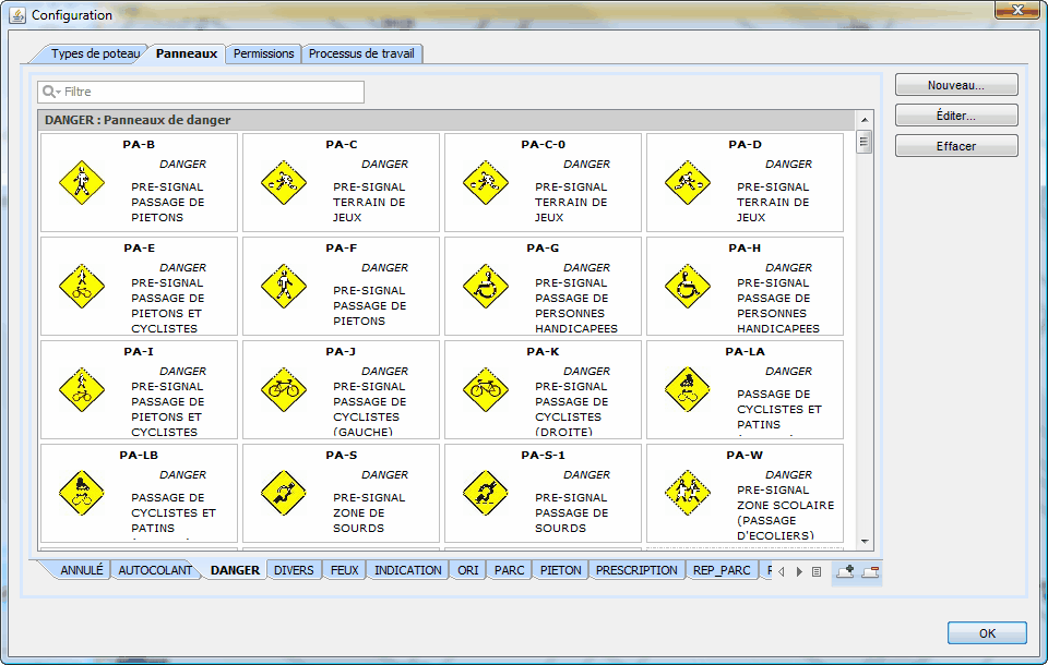 Fenêtre de configuration des panneaux