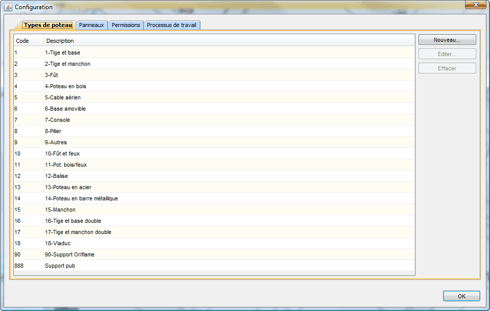 Onglet de définition des types de poteaux