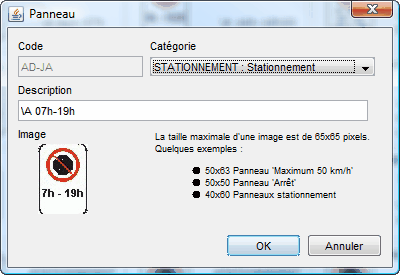 Fenêtre d'édition d'un panneau Fenêtre d'édition d'un panneau