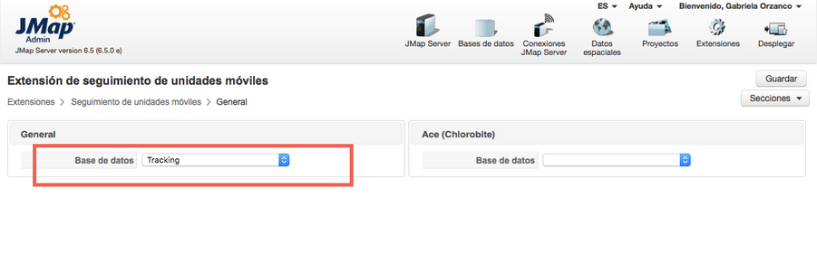 Base de datos en la &nbsp;interfaz de configuración de la extensión