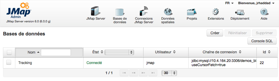 Exemple de base de données de Tracking dans JMap Admin