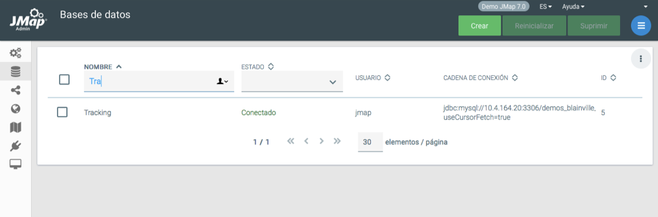 Ejemplo de base de datos de Tracking en JMap Admin