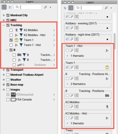 Layer manager in Hierarchical mode and in List mode